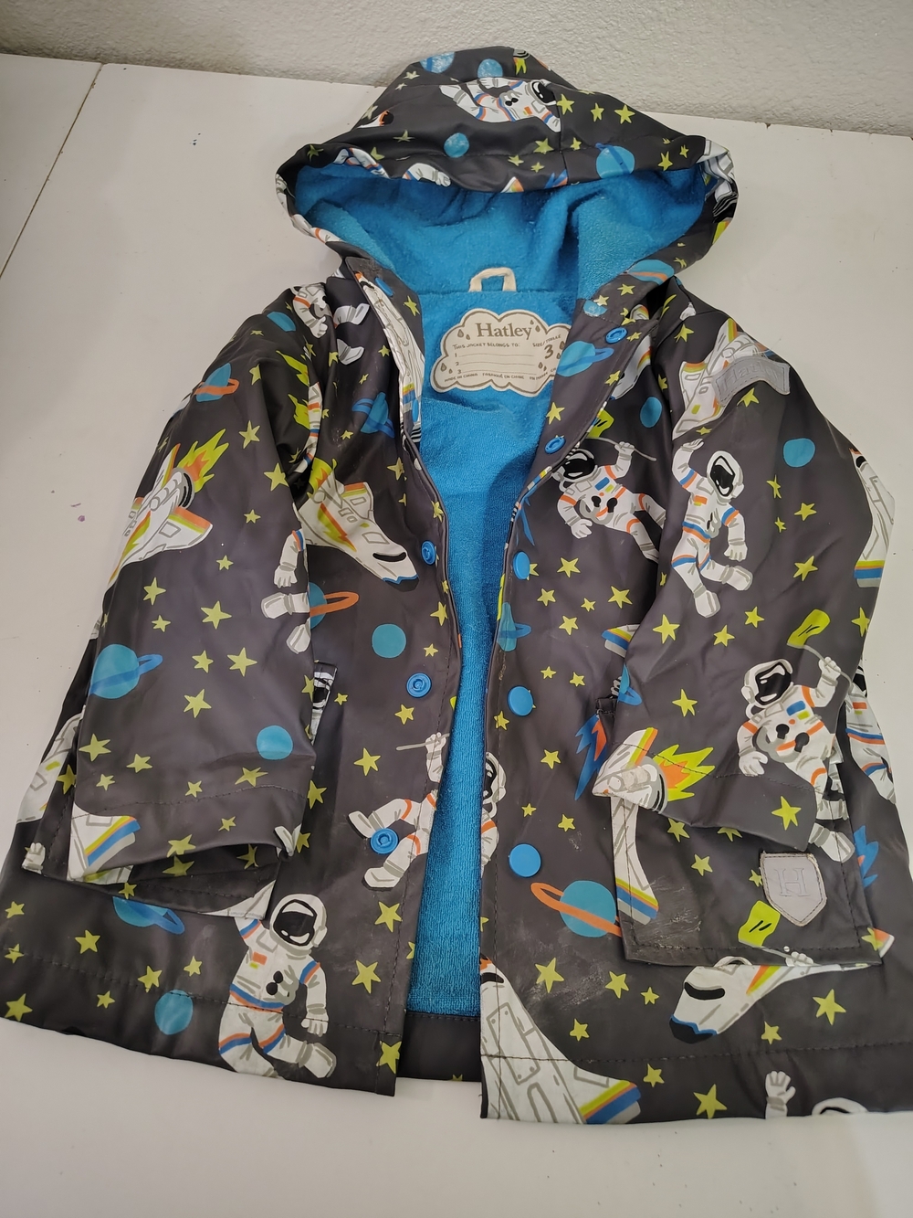 Hatley Kids Astronaut Space Print Hooded Rain Jacket Toddler Boys Size 3T Grey